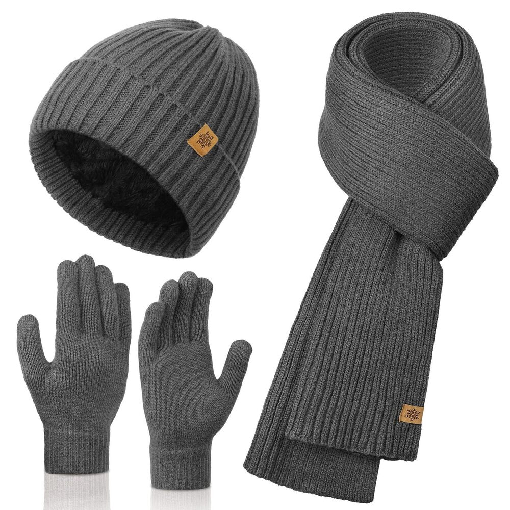 4615 Winter Fleece lined Beanie Hats Scarf and with Touchscreen Gloves
